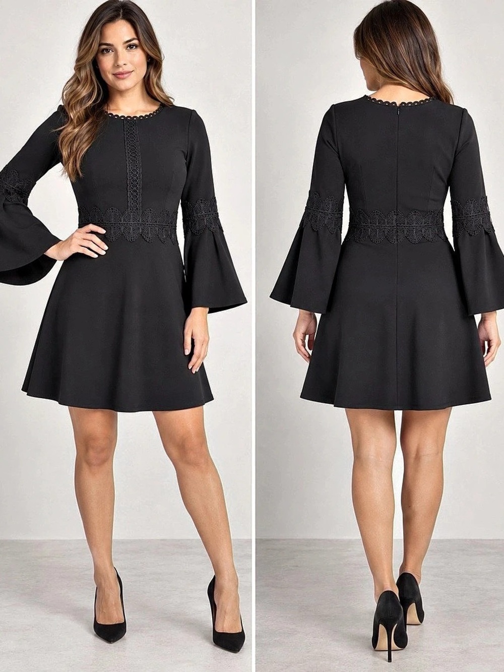 Banana Republic Black Lace Trim Bell Sleeve Fit & Flare Dress Size 2